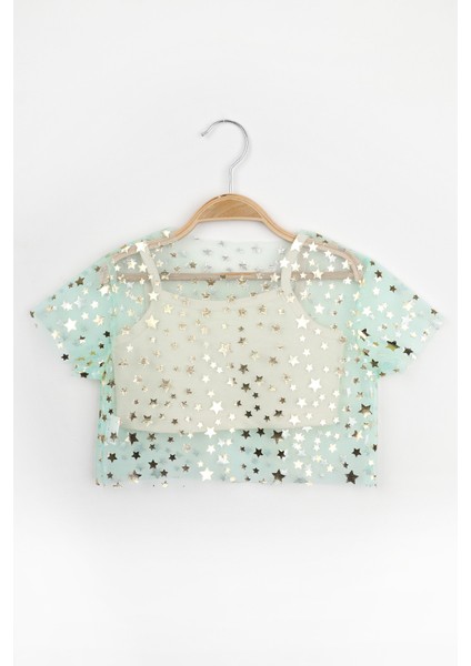 Mint Yıldız Baskılı Kız Çocuk Tül Crop
