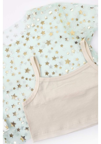 Mint Yıldız Baskılı Kız Çocuk Tül Crop