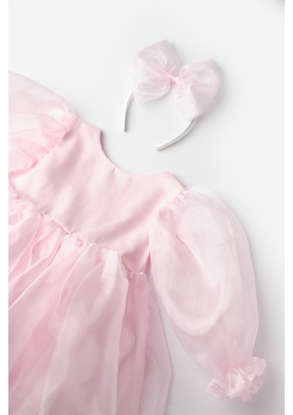 Pembe Uzun Kollu Organze Kız Çocuk Parti Elbisesi - Sage