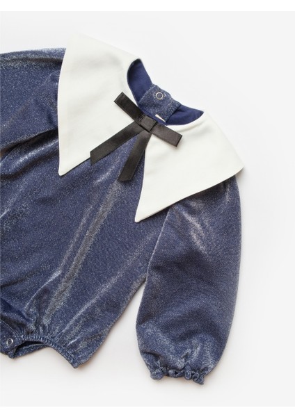 Lacivert Yaka Detaylı Simli Kız Bebek Tulum - Bailey