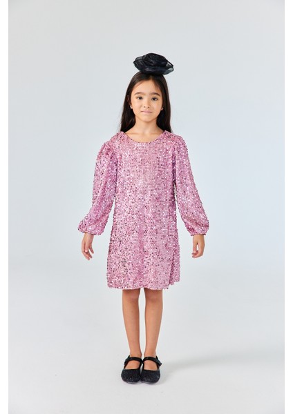 Gülkurusu Üzeri Pullu Kadife Kız Çocuk Elbise - Oriel