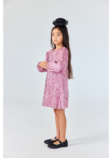 Gülkurusu Üzeri Pullu Kadife Kız Çocuk Elbise - Oriel