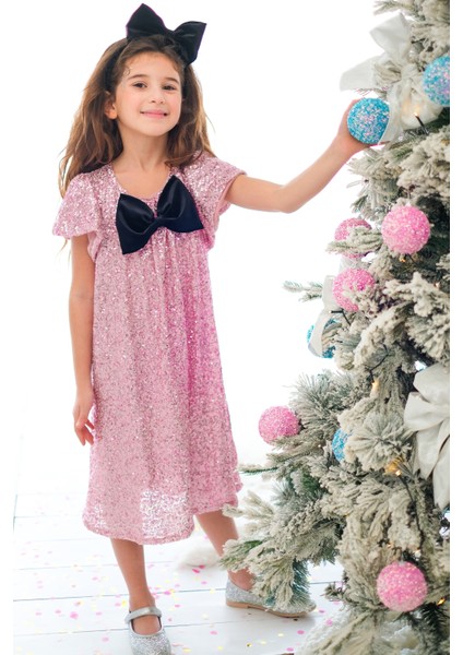 Pembe Pullu Fiyonk Detaylı Kız Çocuk Elbise - Rhea