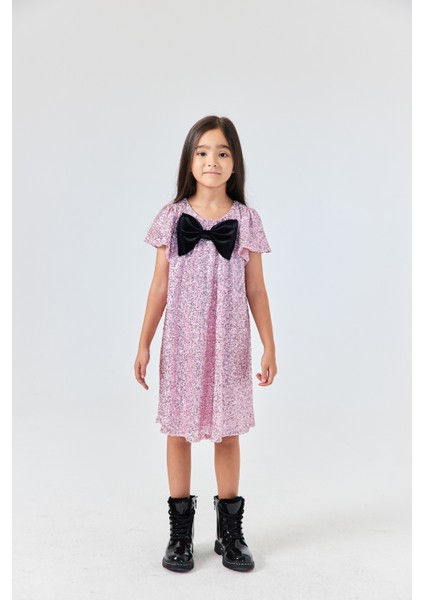Pembe Pullu Fiyonk Detaylı Kız Çocuk Elbise - Rhea