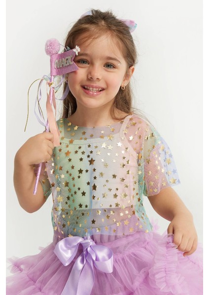 Çok Renkli Yıldız Baskılı Kız Çocuk Tül Crop