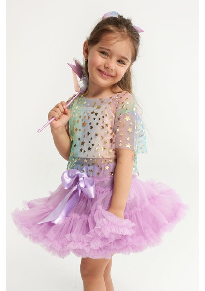 Çok Renkli Yıldız Baskılı Kız Çocuk Tül Crop