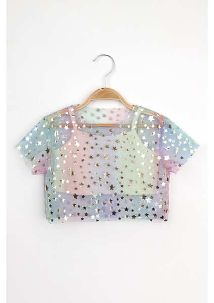 Çok Renkli Yıldız Baskılı Kız Çocuk Tül Crop