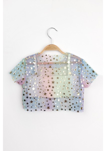 Çok Renkli Yıldız Baskılı Kız Çocuk Tül Crop