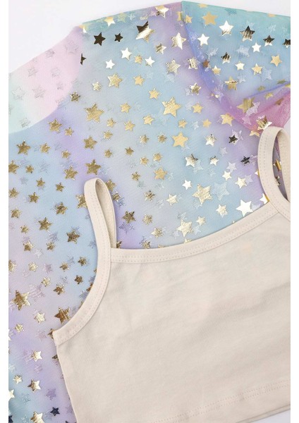 Çok Renkli Yıldız Baskılı Kız Çocuk Tül Crop