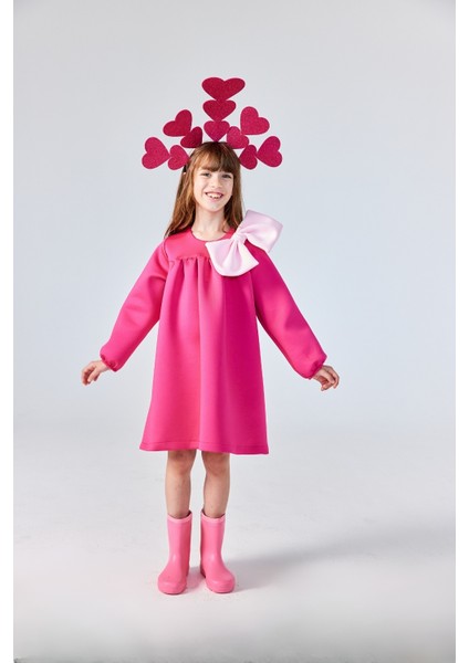 Fuşya Omzu Fiyonk Detaylı Kız Çocuk Elbise - Leah