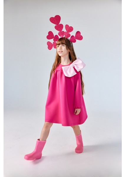 Fuşya Omzu Fiyonk Detaylı Kız Çocuk Elbise - Leah