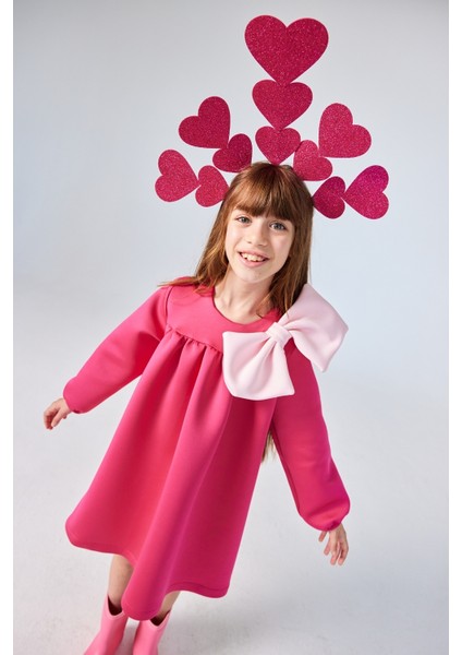 Fuşya Omzu Fiyonk Detaylı Kız Çocuk Elbise - Leah