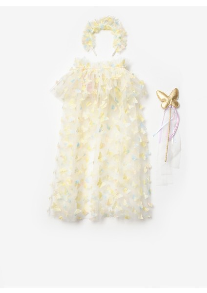 Sarı Kelebek Aplikeli Kız Çocuk Pelerin Asa Taç Set