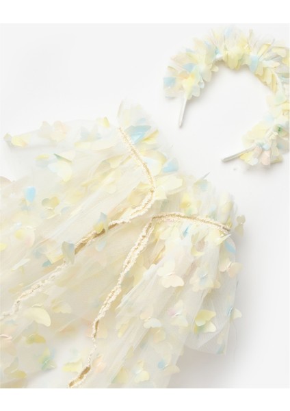 Sarı Kelebek Aplikeli Kız Çocuk Pelerin Asa Taç Set