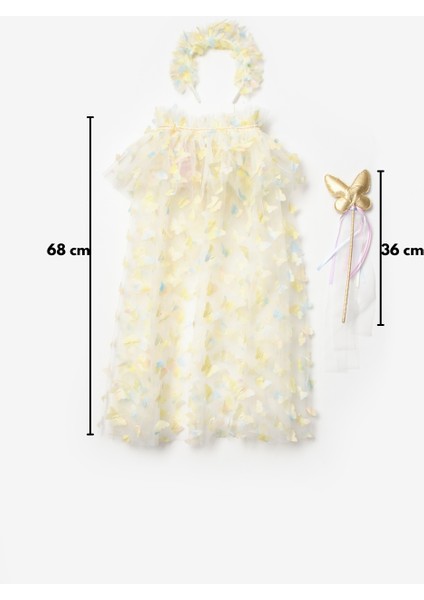 Sarı Kelebek Aplikeli Kız Çocuk Pelerin Asa Taç Set