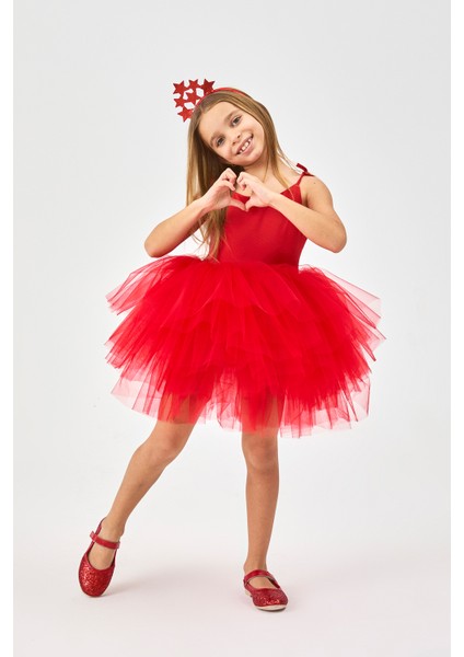 Kırmızı Tütü Etekli Askılı Kız Çocuk Balerin Elbise - Jade