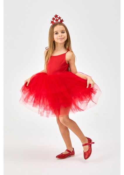 Kırmızı Tütü Etekli Askılı Kız Çocuk Balerin Elbise - Jade