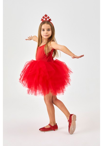 Kırmızı Tütü Etekli Askılı Kız Çocuk Balerin Elbise - Jade