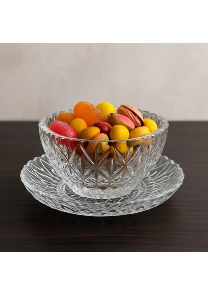 6 Kişilik 12 Parça Cam Desenli Çerezlik Kase Tabak