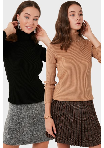 Fitilli Regular Fit Balıkçı Yaka Soft Akrilik 2'li Paket Kazak Bayan Kazak 4614102S2