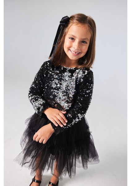Siyah Pul Payetli Tül Etekli Kız Çocuk Ikili Takım - Milena