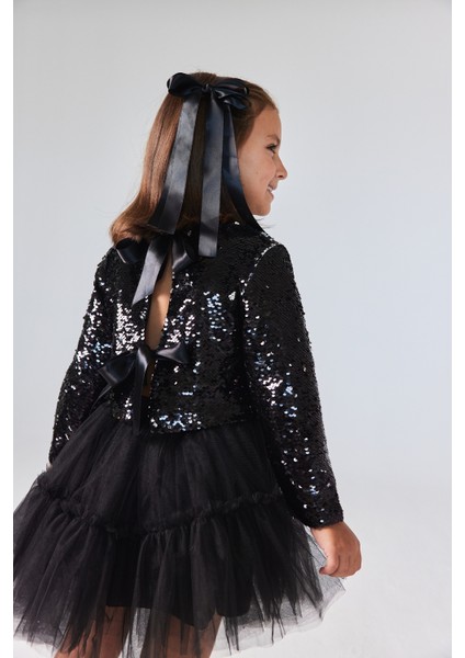 Siyah Pul Payetli Tül Etekli Kız Çocuk Ikili Takım - Milena
