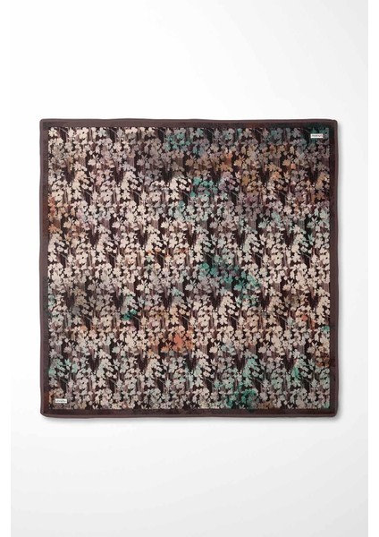 Kahve Çiçekli Soyut Desen Twill Ipek Eşarp