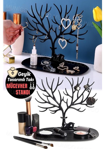 Geyik Temalı Takı Standı, Yüzük, Kolye ve Küpe Organizer, Beyaz Masaüstü Tasarım