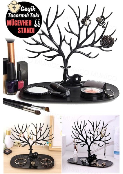 Geyik Temalı Takı Standı, Yüzük, Kolye ve Küpe Organizer, Beyaz Masaüstü Tasarım