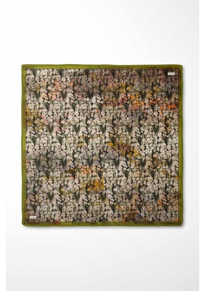 Yağ Yeşili Çiçekli Soyut Desen Twill Ipek Eşarp