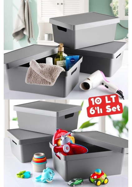 10 Lt Antrasit Renkli Dekoratif Kapaklı Düzenleyici Kutu 6'lı Set