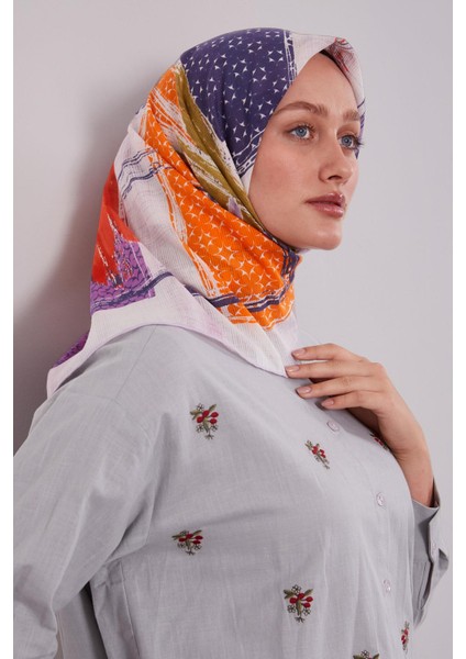 Lila Etnik Desen Pamuk Eşarp