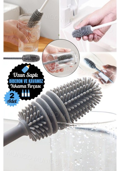 2'li Uzun Saplı Silikon Şişe ve Kavanoz Fırçası Seti, Temizleme Kolaylığı
