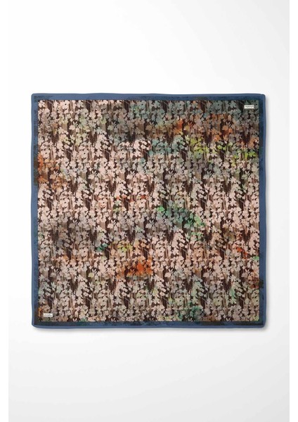 Indigo Çiçekli Soyut Desen Twill Ipek Eşarp