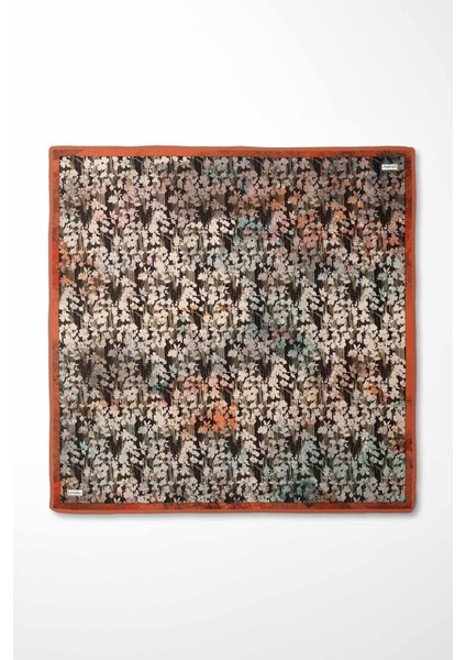 Turuncu Çiçekli Soyut Desen Twill Ipek Eşarp