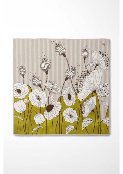 Yağ Yeşili Zambak Çiçek Desen Twill Ipek Eşarp