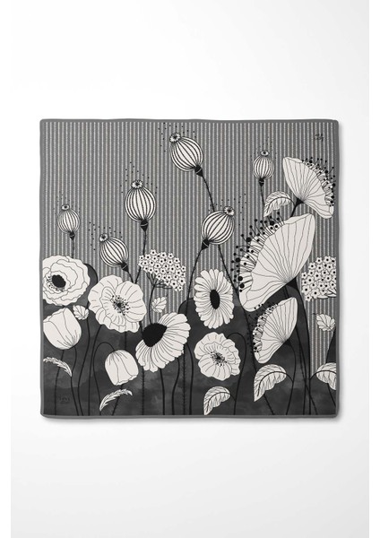 Gri Zambak Çiçek Desen Twill Ipek Eşarp