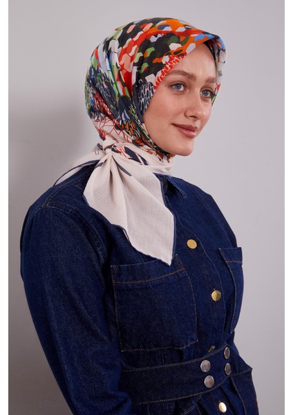 Lacivert Karışık Çiçek Desen Pamuk Eşarp