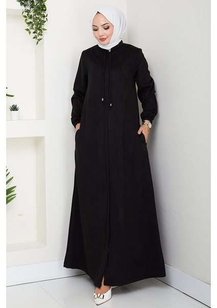 Gizli Fermuarlı Süet Ferace 1605 - Siyah