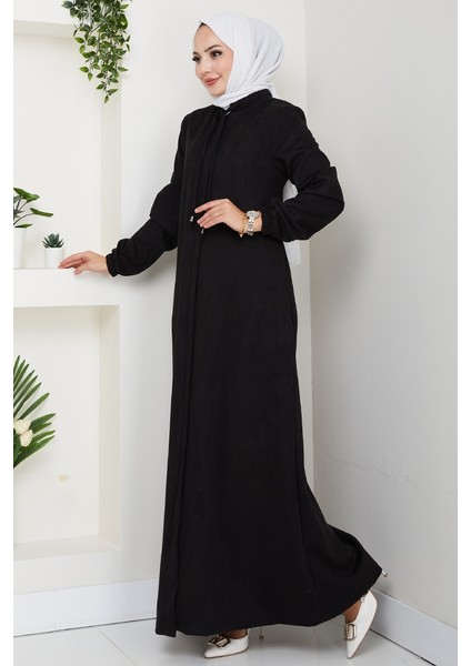 Gizli Fermuarlı Süet Ferace 1605 - Siyah indirimleri