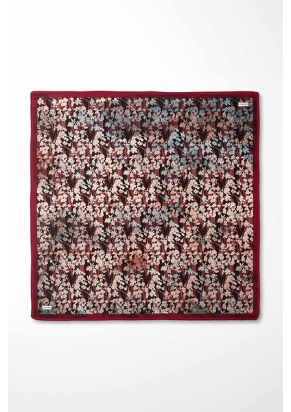 Kırmızı Çiçekli Soyut Desen Twill Ipek Eşarp