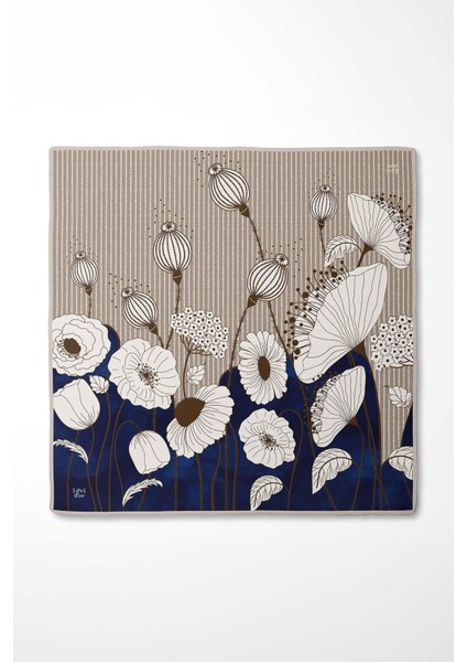 Lacivert Zambak Çiçek Desen Twill Ipek Eşarp