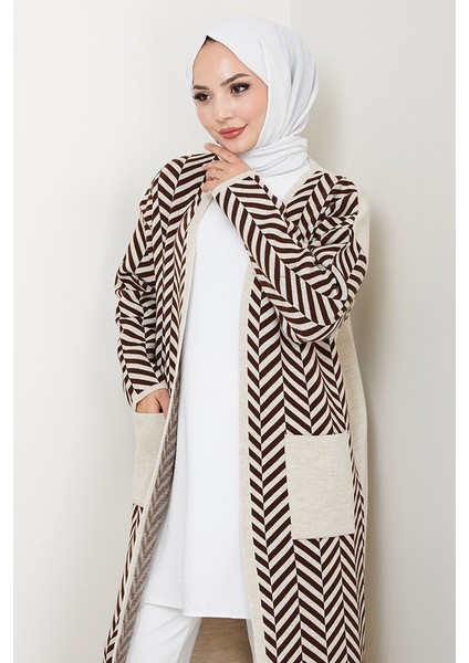 Çizgi Detaylı Triko Hırka 1604 - Kahve fırsatları