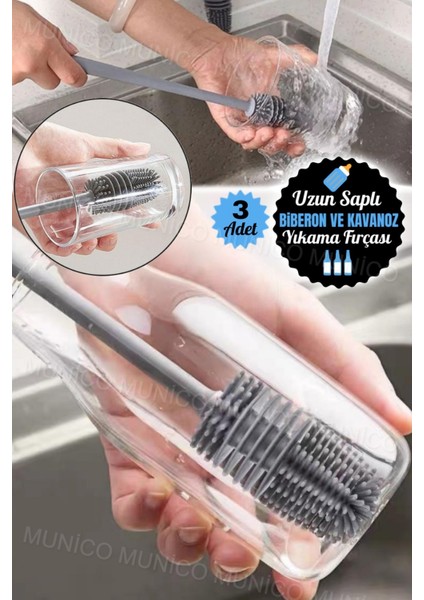 3'lü Biberon Temizleme Fırçası Seti, Uzun Sap, Silikon Uç, Yumuşak ve Esnek