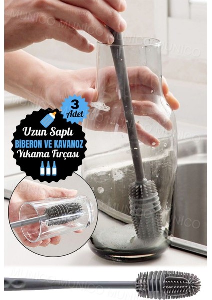 3'lü Silikon Temizlik Fırçası Seti, Uzun Sap, Yüksek Performans