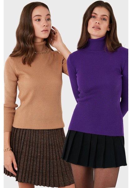 Fitilli Regular Fit Balıkçı Yaka Soft Akrilik 2'li Paket Kazak Bayan Kazak 4614102S2