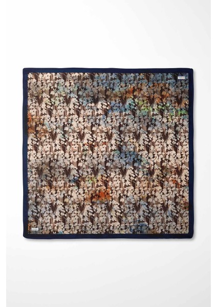 Lacivert Çiçekli Soyut Desen Twill Ipek Eşarp