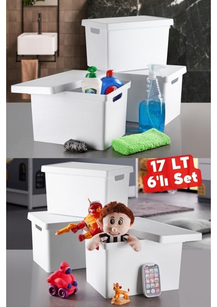 Beyaz 17 Lt 6'lı Dekoratif Kapaklı Düzenleyici Kutu Seti