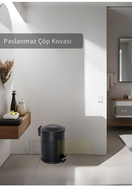 Paslanmaz Çöp Kovası, Pedallı, 5 Lt, Banyo ve Mutfak, Siyah Renk