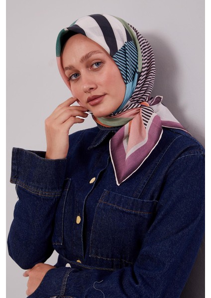 Lila Geometrik Desen Pamuk Eşarp